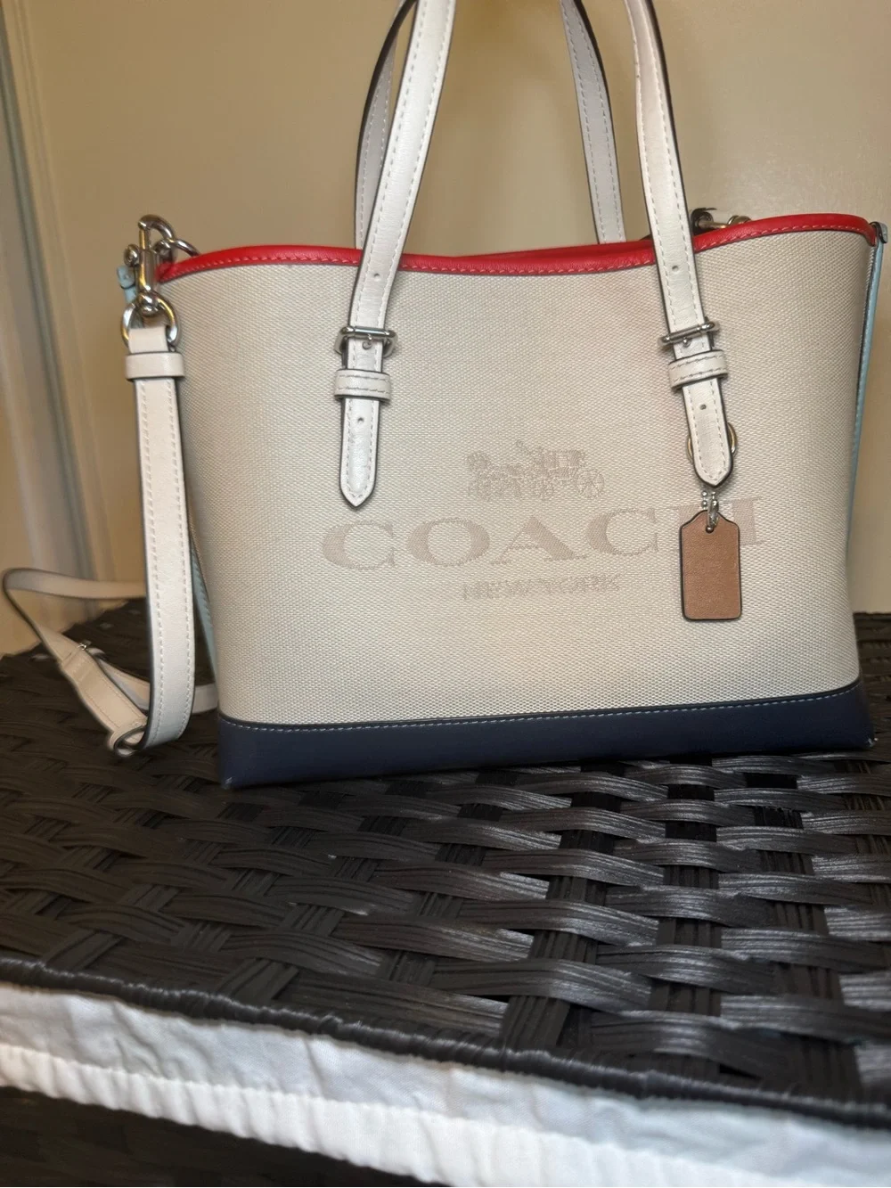 Coach Cream Canvas Colorblock Tote with Navy Base & Red Trim